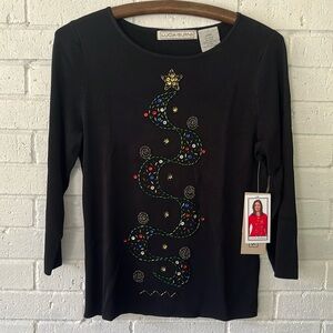 Lucia Burns Christmas sweater, black, Large, Long Sleeve. Sequin & Beaded Tree.